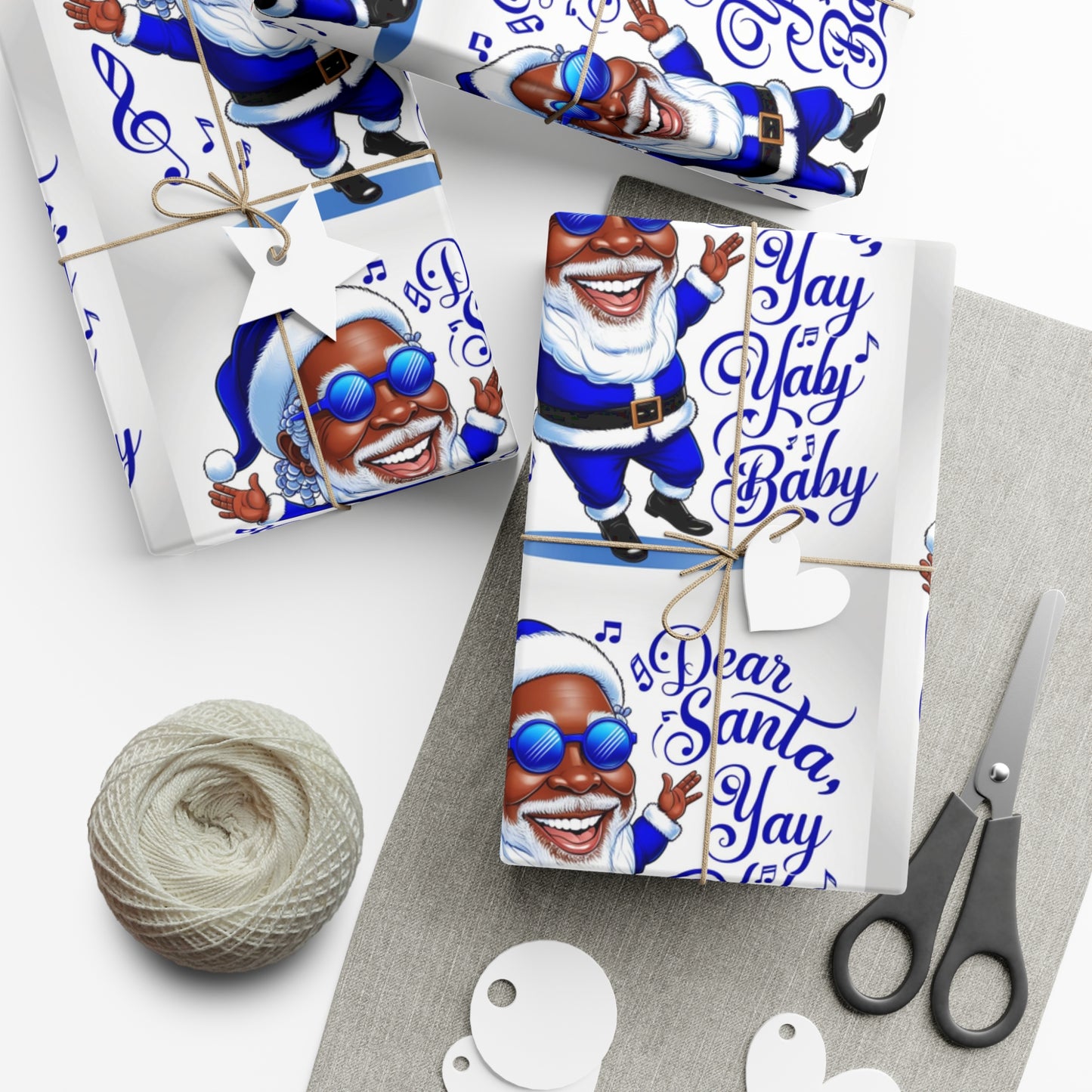 Gift Wrap Papers - Dear Santa African American Santa Yay baby Royal blue and white