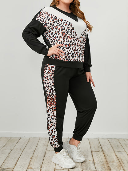 Plus Size Leopard Sweatshirt and Sweatpants Set-VMA Specialties Boutique