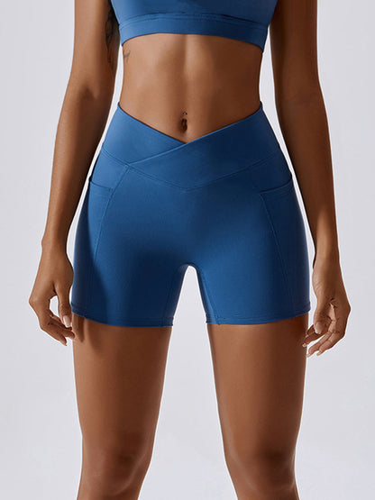 Ruched Pocketed High Waist Active Shorts-VMA Specialties Boutique