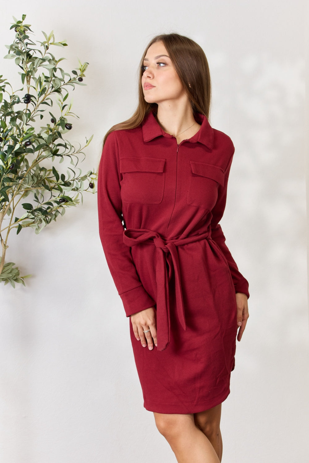 Culture Code Full Size Tie Front Half Zip Long Sleeve Shirt Dress-VMA Specialties Boutique