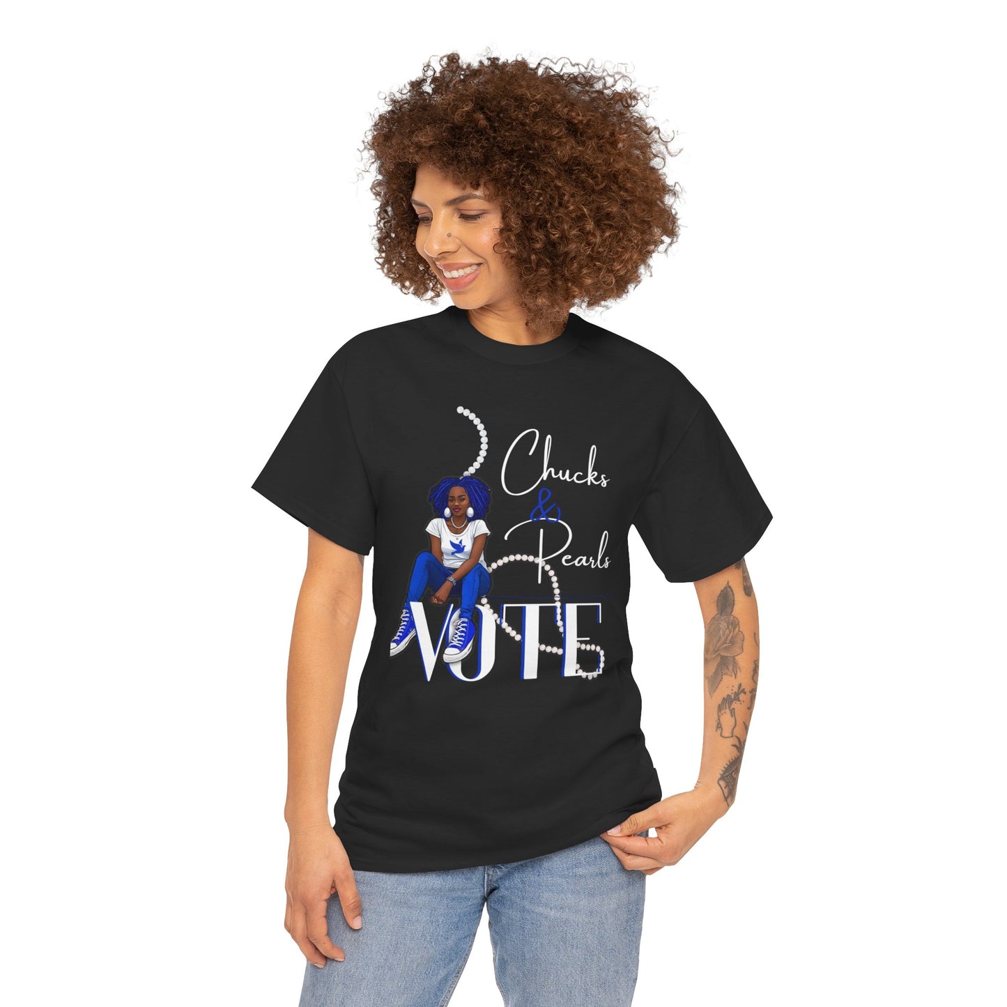 Unisex Heavy Cotton Tee - Chucks & Pearls Royal Blue and White Zeta Inspired Rock the Vote Shirt