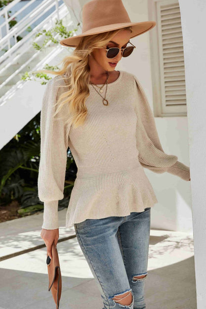 Ribbed Round Neck Lantern Sleeve Sweater-VMA Specialties Boutique