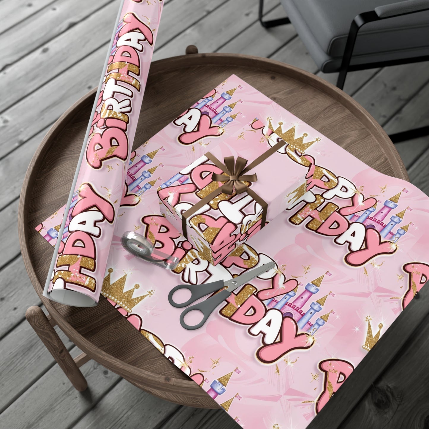 Gift Wrap Papers, Princess-Themed Happy Birthday Wrapping Paper, Pink and Gold Design, Glitter Effect, Castle Illustrations,