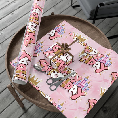 Gift Wrap Papers, Princess-Themed Happy Birthday Wrapping Paper, Pink and Gold Design, Glitter Effect, Castle Illustrations,