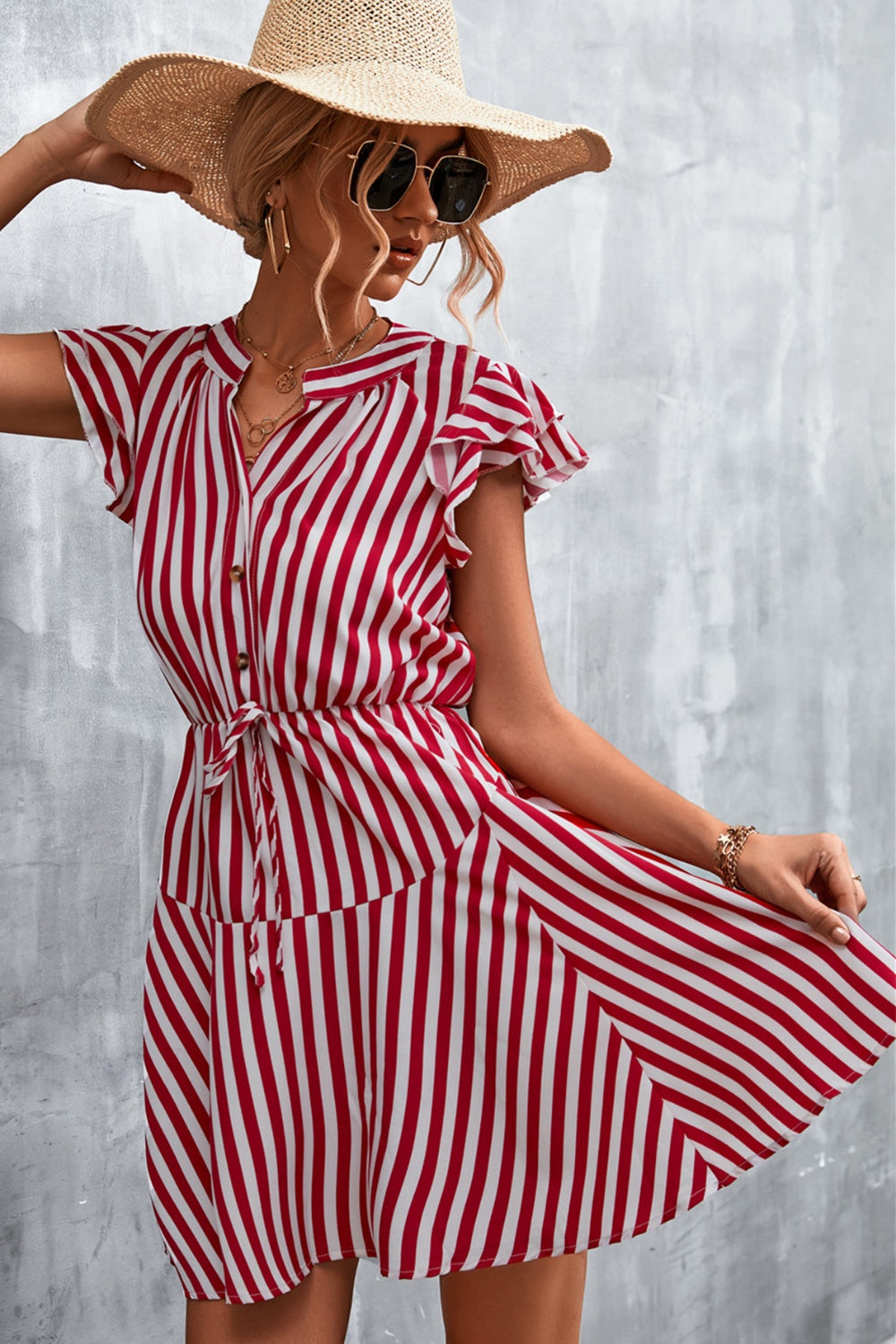 Ruffled Striped Cap Sleeve Mini Dress-VMA Specialties Boutique