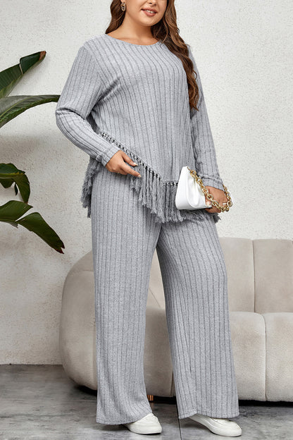 Plus Size Tassel Hem Top and Pants Set-VMA Specialties Boutique