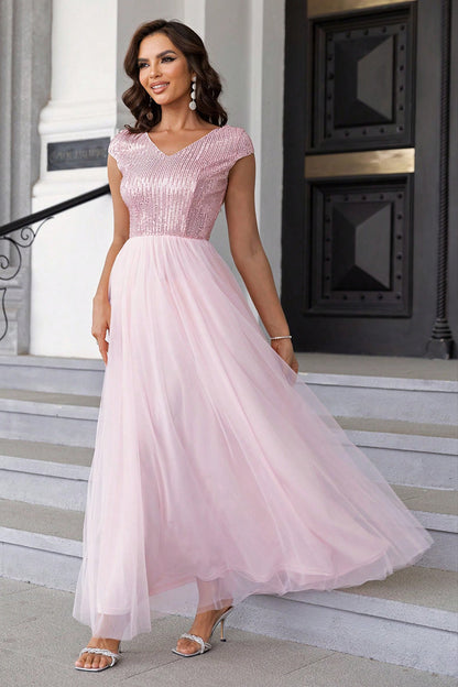 Sequin V-Neck Mesh Maxi Dress-VMA Specialties Boutique