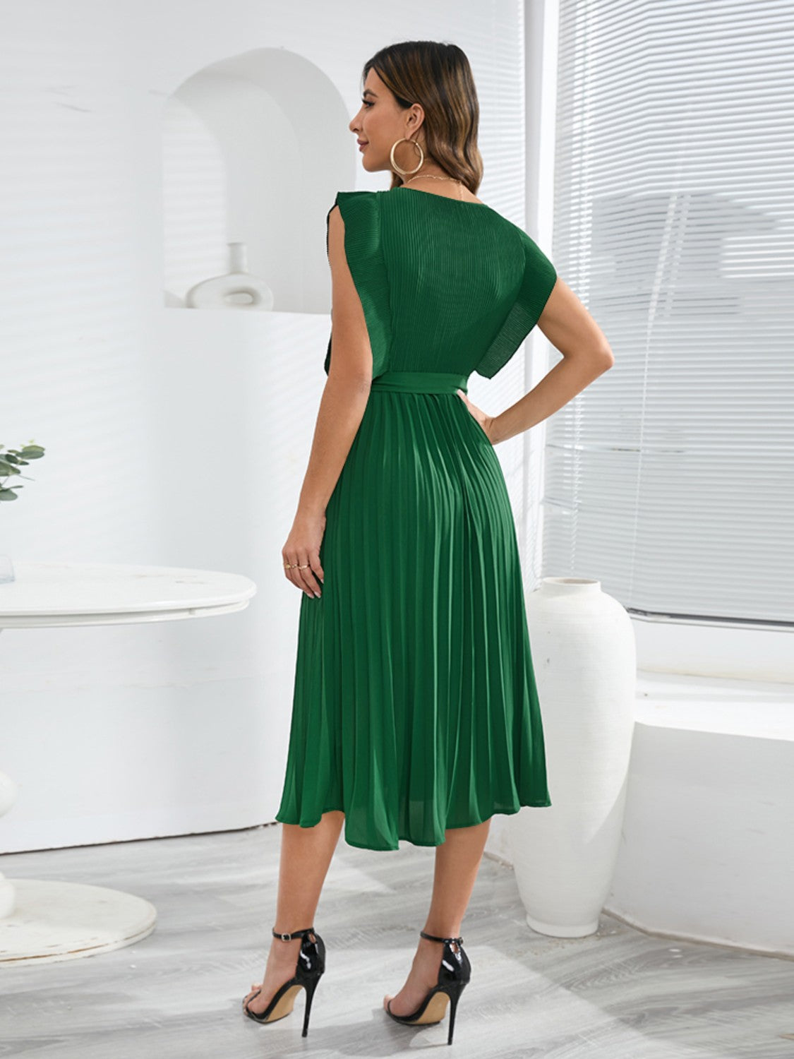 Tied Round Neck Pleated Midi Dress-VMA Specialties Boutique