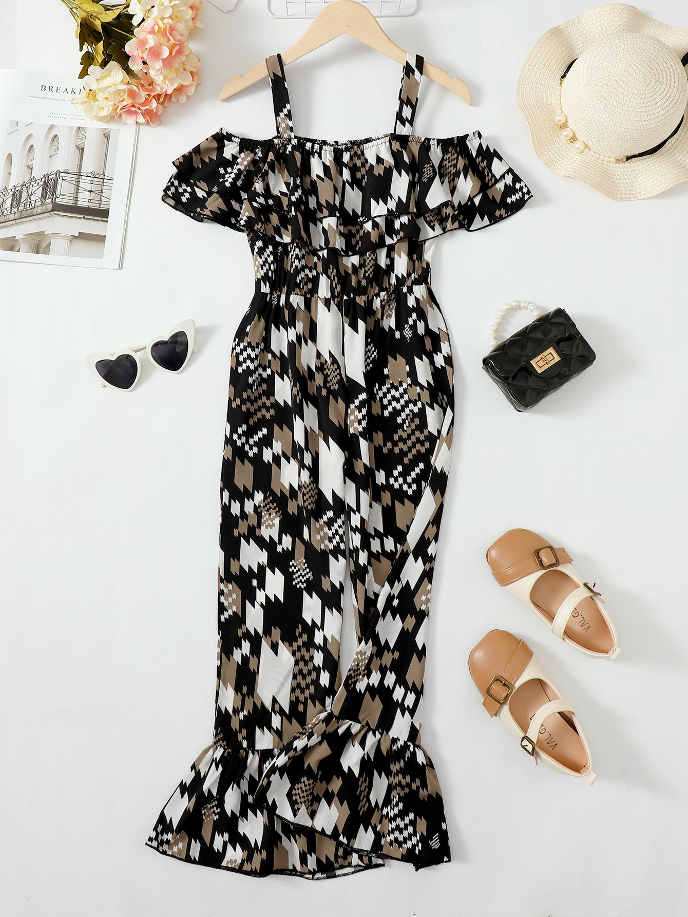 Printed Cold-Shoulder Flare Leg Jumpsuit-VMA Specialties Boutique