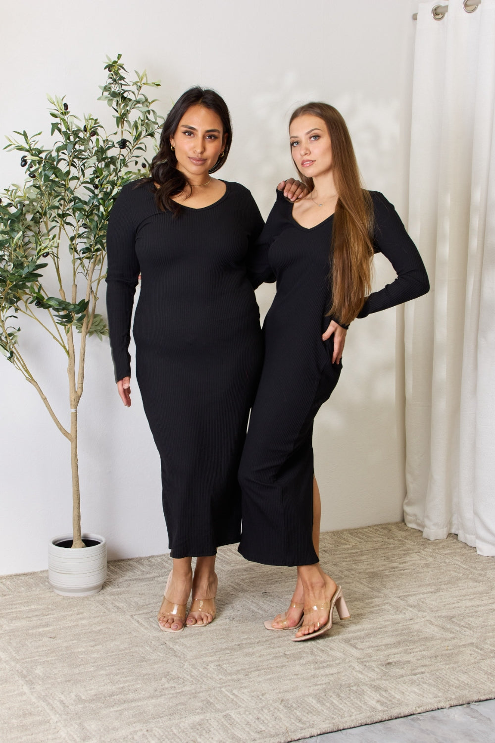 Culture Code Full Size Ribbed Long Sleeve Midi Slit Dress-VMA Specialties Boutique
