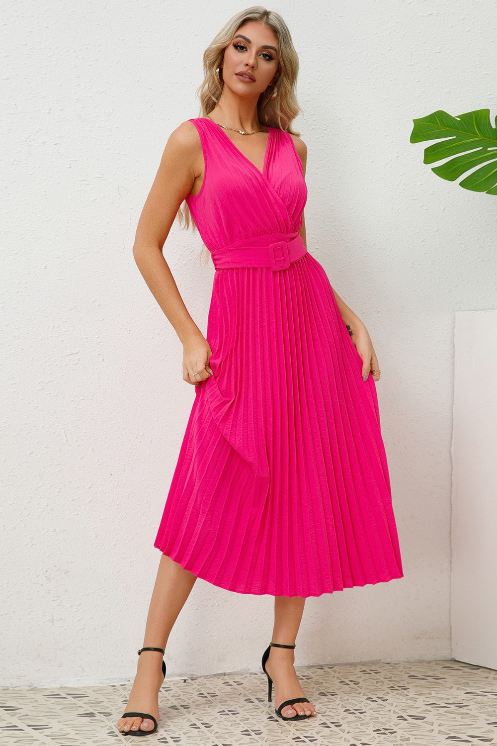 Surplice Sleeveless Midi Pleated Dress-VMA Specialties Boutique