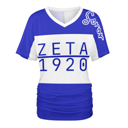 V-neck pleated T-shirt
