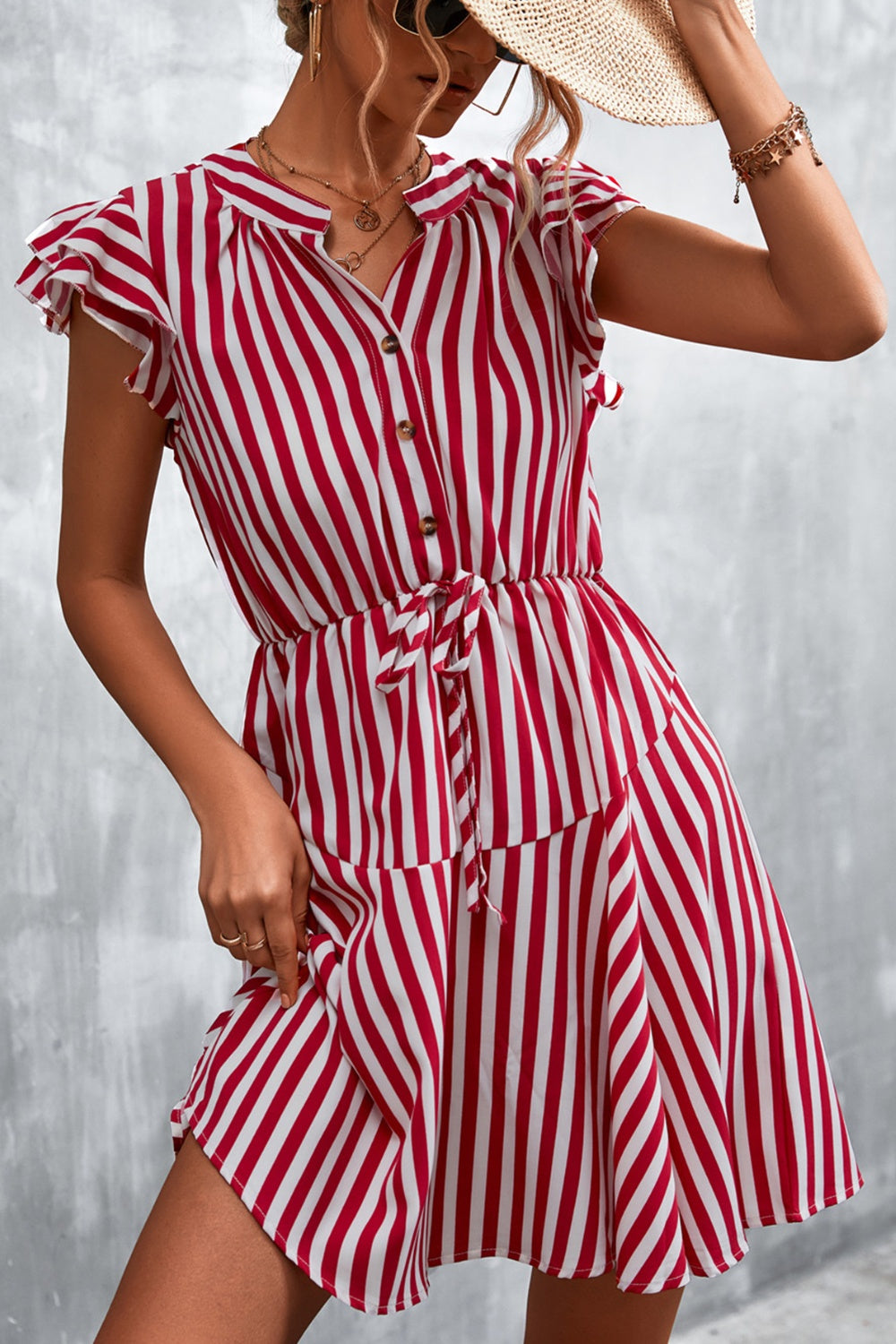 Ruffled Striped Cap Sleeve Mini Dress-VMA Specialties Boutique