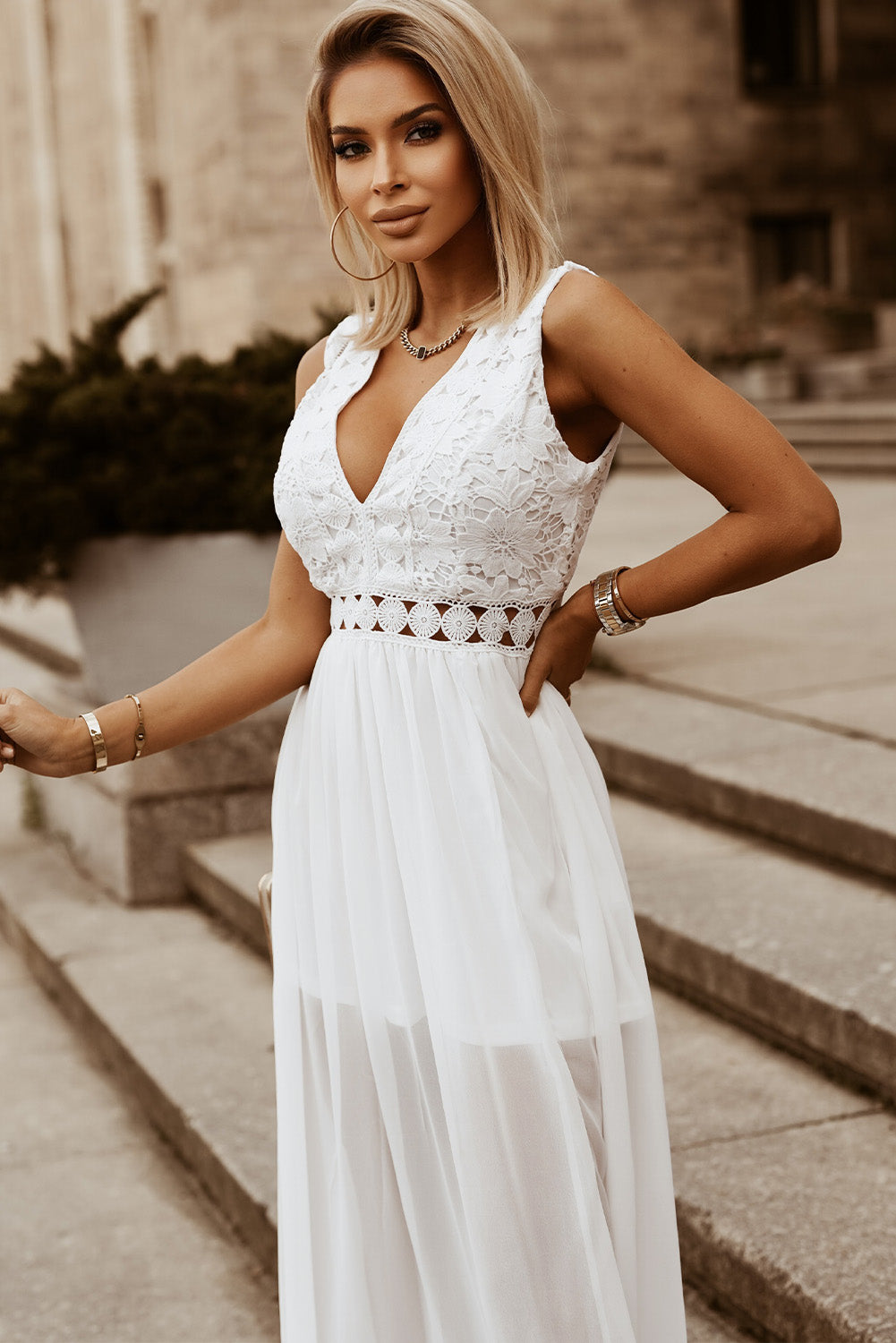 Slit Lace Detail V-Neck Dress-VMA Specialties Boutique