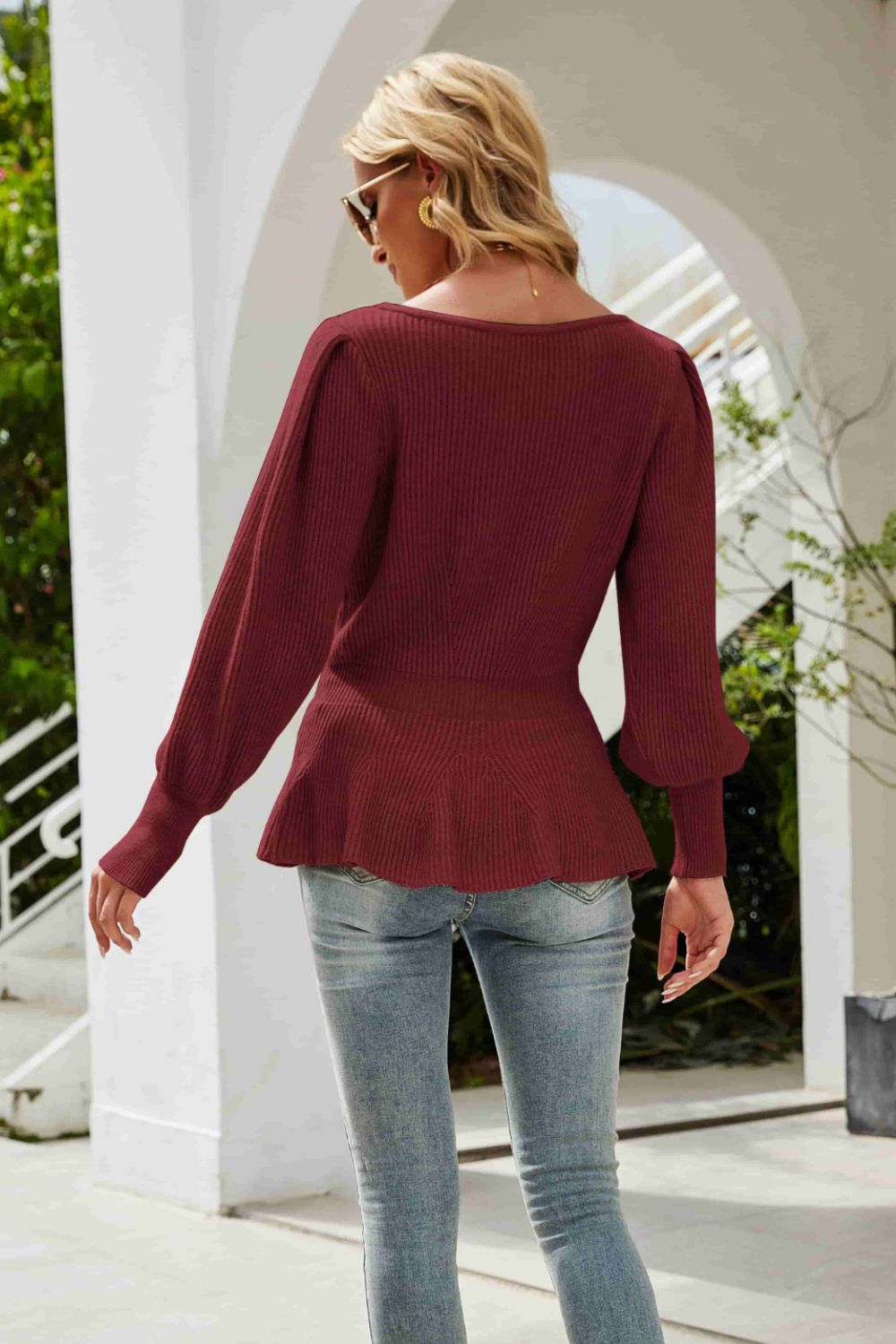 Ribbed Round Neck Lantern Sleeve Sweater-VMA Specialties Boutique