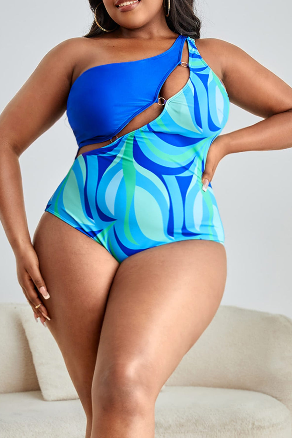 Plus Size Printed Ring Detail One-Shoulder One-Piece Swimsuit-VMA Specialties Boutique
