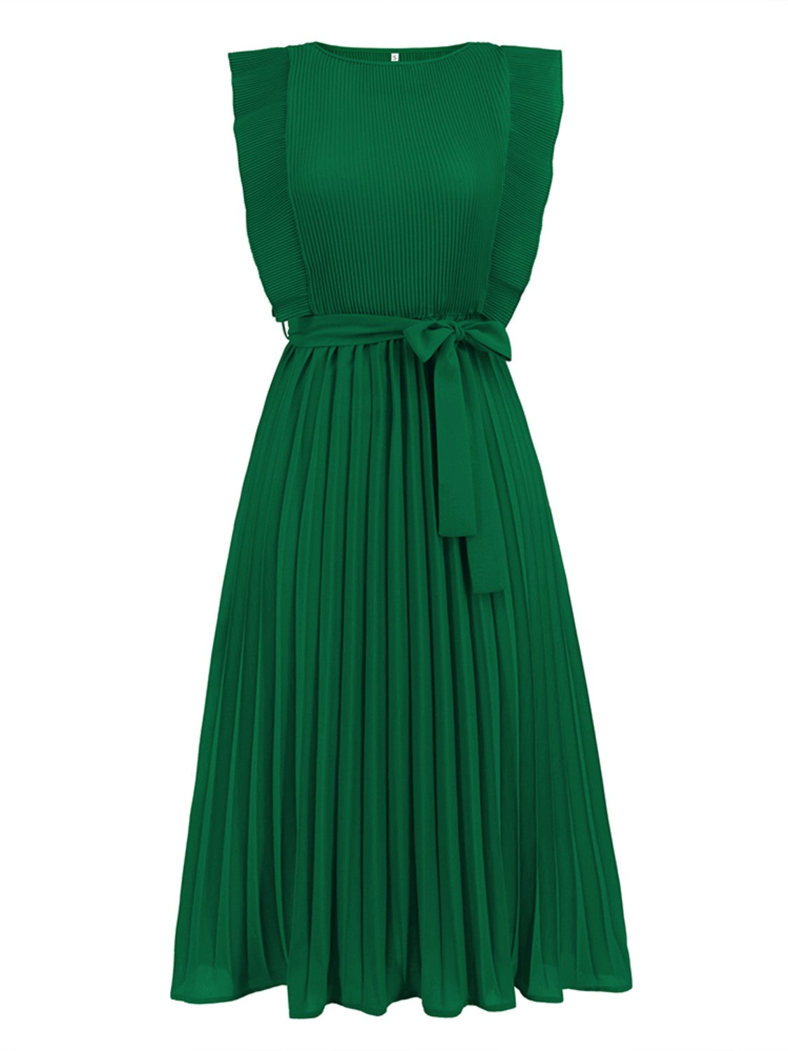 Tied Round Neck Pleated Midi Dress-VMA Specialties Boutique