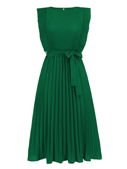 Tied Round Neck Pleated Midi Dress-VMA Specialties Boutique