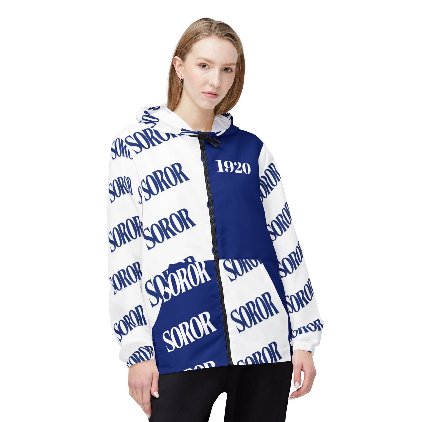 Windbreaker Jacket, Zeta Sorority -Soror Soror Graffiti, White Royal Blue, College Fashion Coat, Greek Life Outerwear