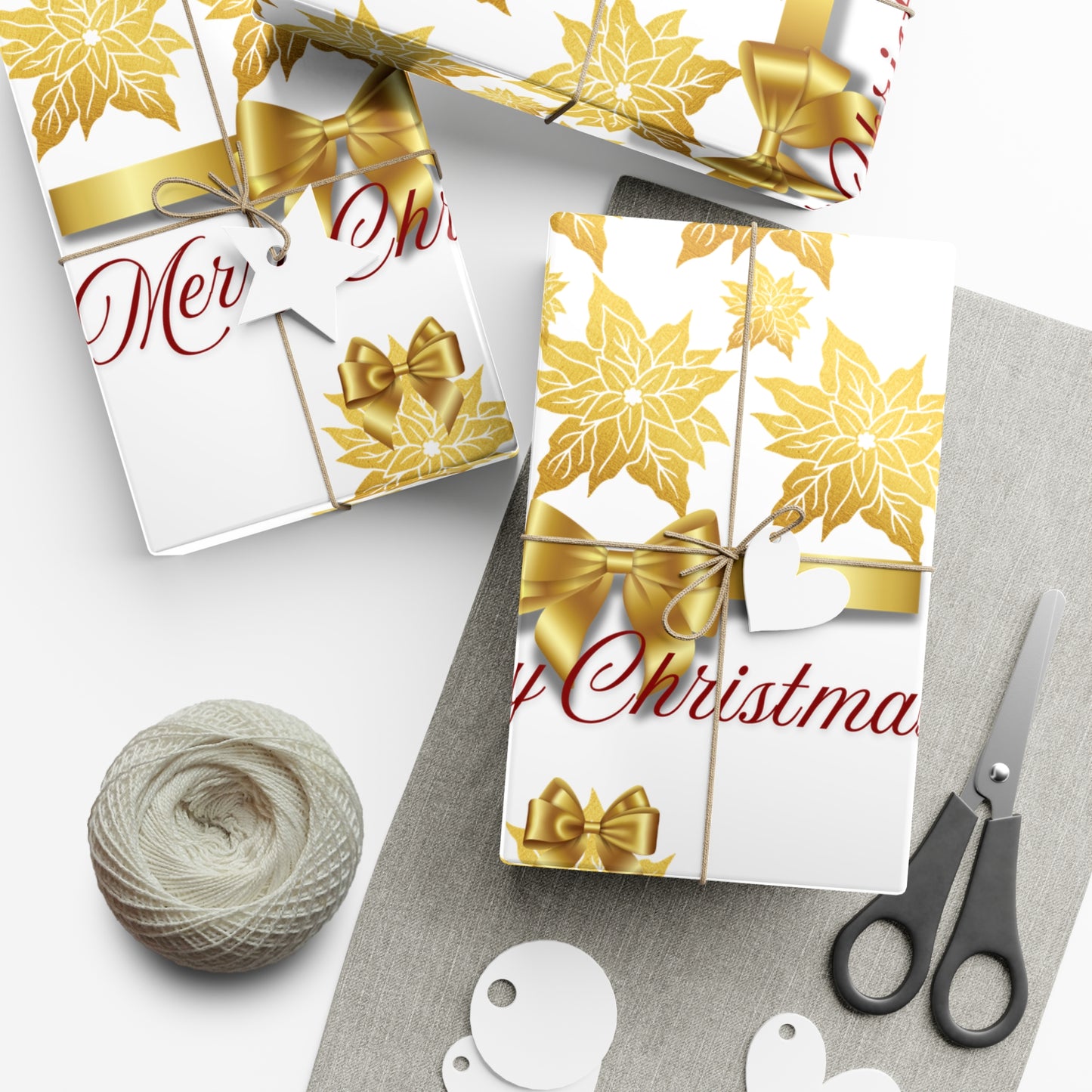 Wrapping Papers - Festive Golden Poinsettia Flowers Merry Christmas Gift Wrap Roll, Elegant White Gold Ribbon Accents,