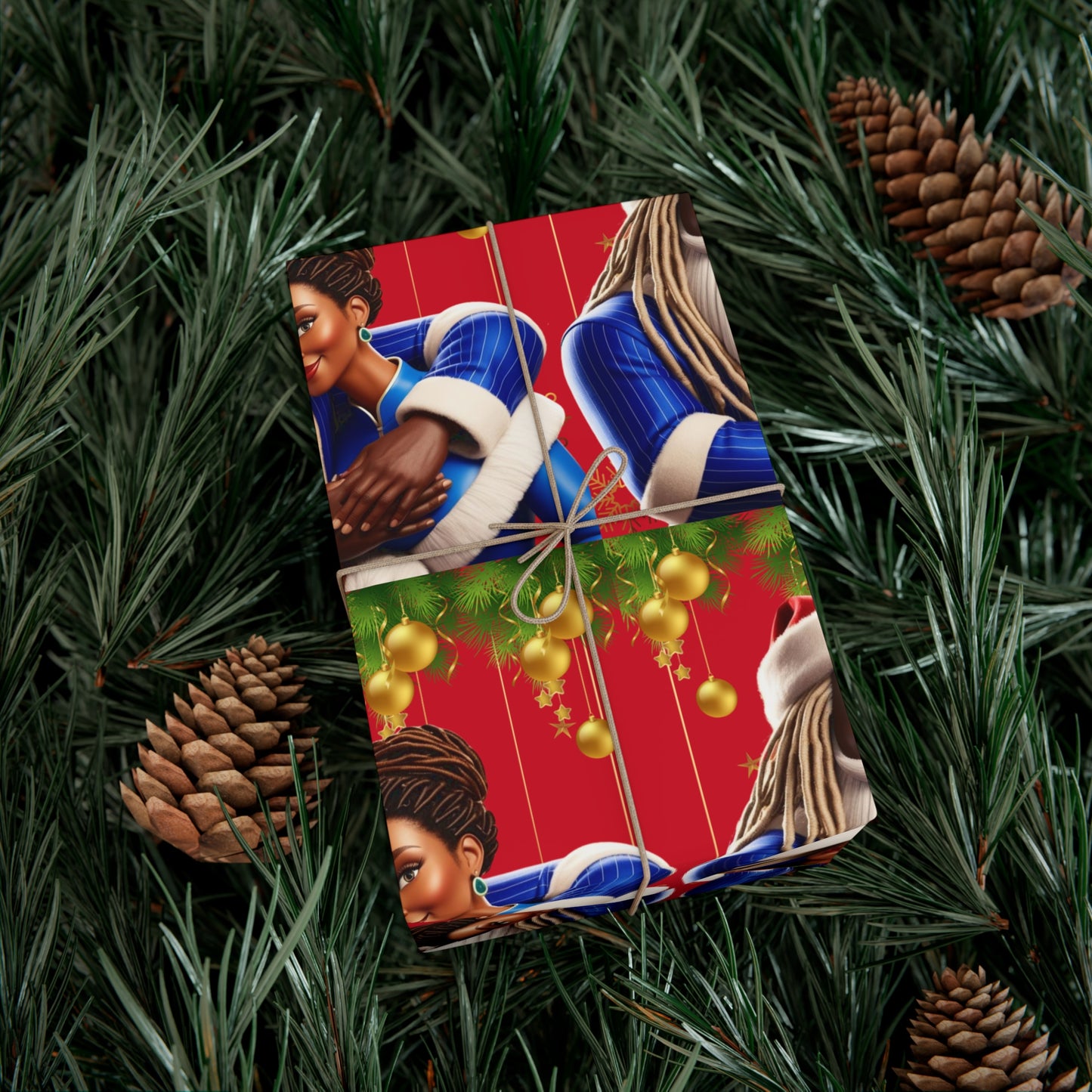 Wrapping Paper Black Santa and Mrs Hint of Ble