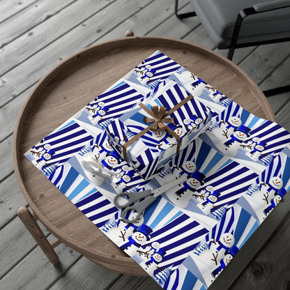 Wrapping Paper, Festive Snowman Holiday Gift Wrap, Winter Blue White Stripes, Christmas , Rustic Pine Branches, Cheerful