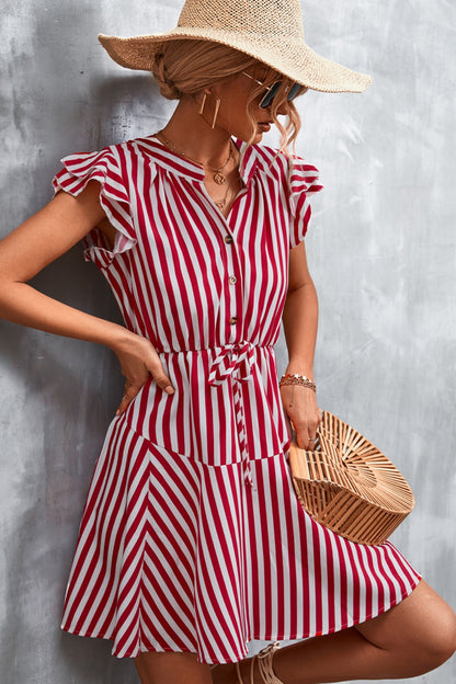 Ruffled Striped Cap Sleeve Mini Dress-VMA Specialties Boutique