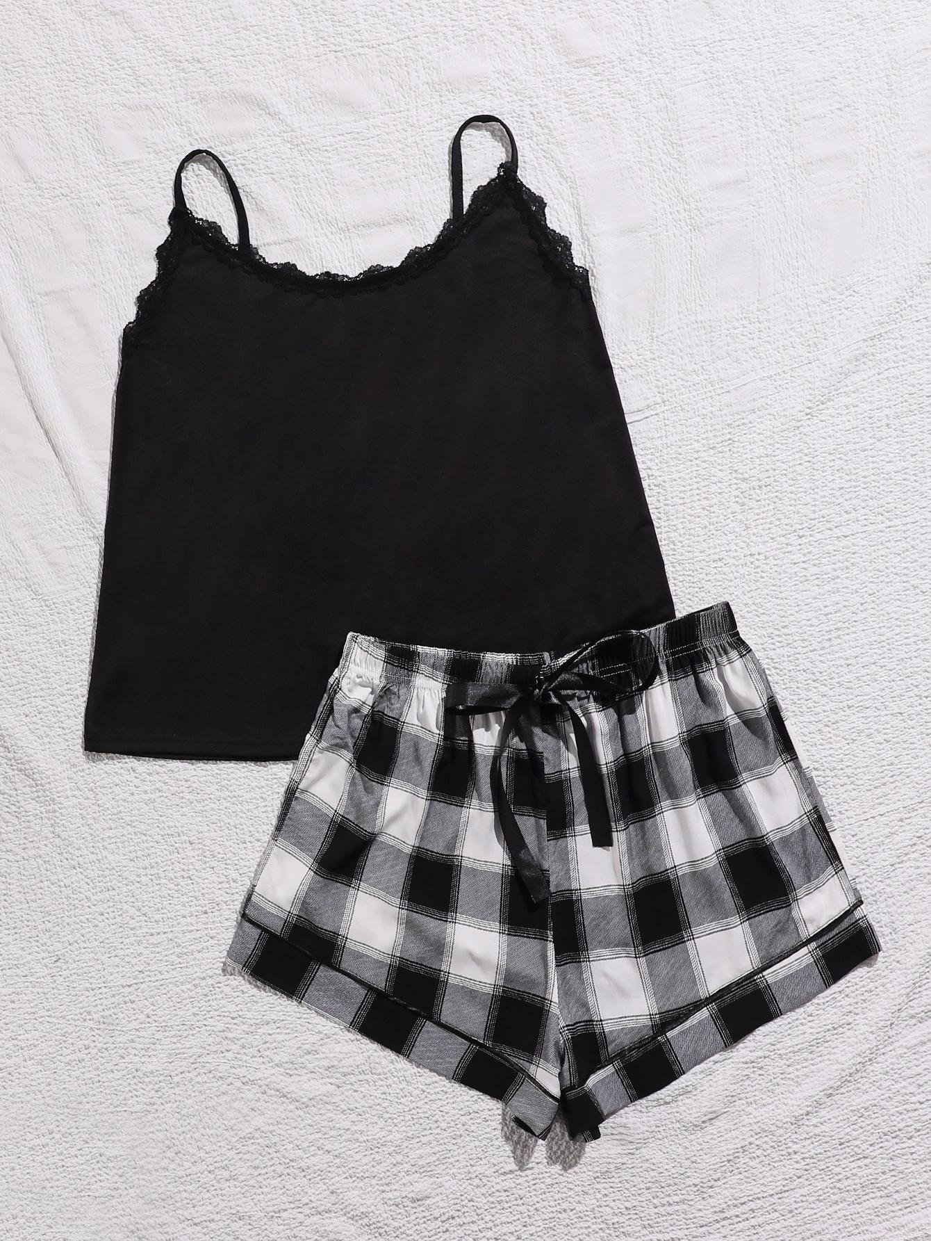 Plus Size Lace Trim Scoop Neck Cami and Printed Shorts Pajama Set-VMA Specialties Boutique