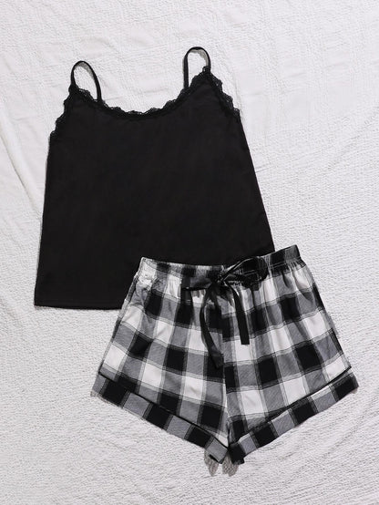 Plus Size Lace Trim Scoop Neck Cami and Printed Shorts Pajama Set-VMA Specialties Boutique