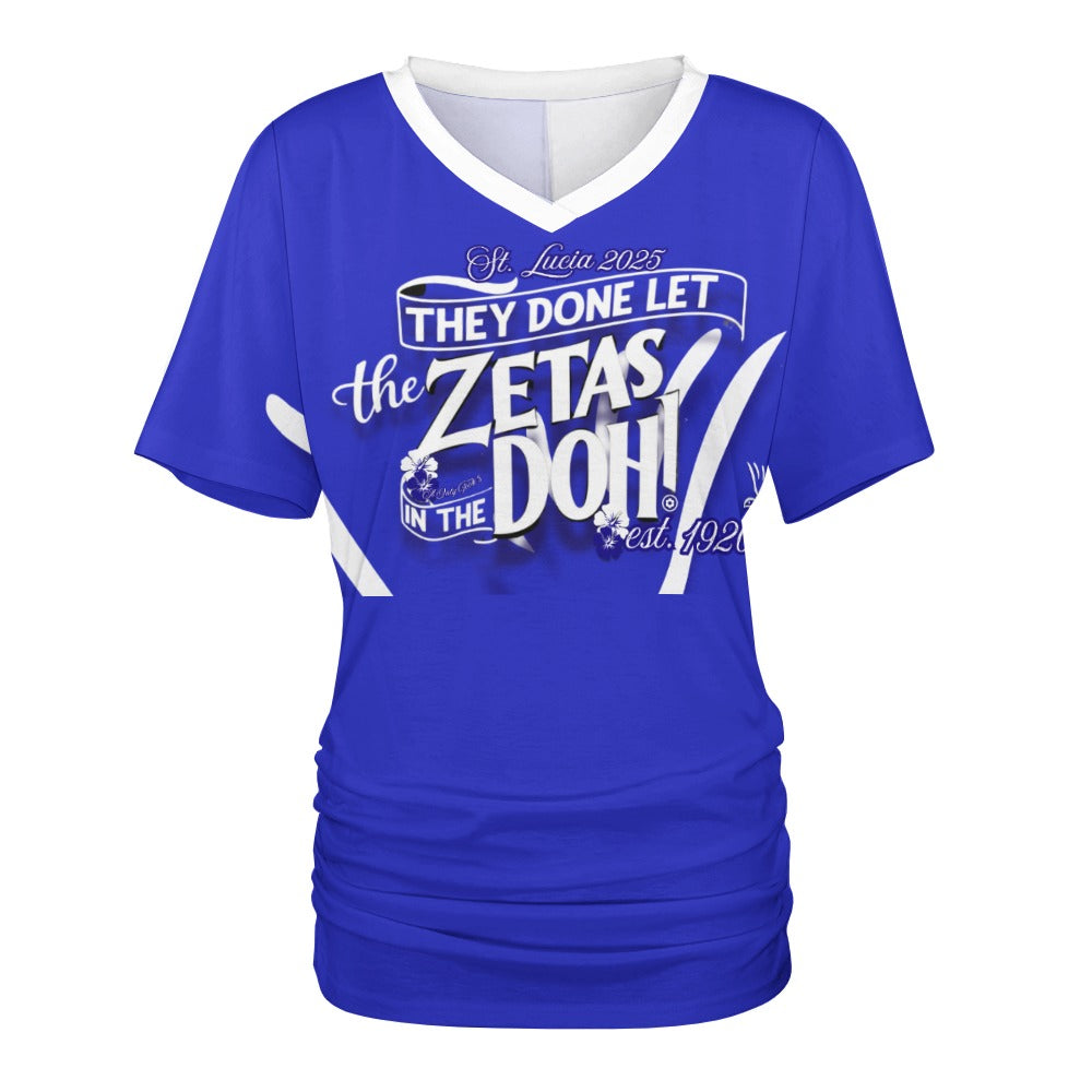 V-neck pleated T-shirt