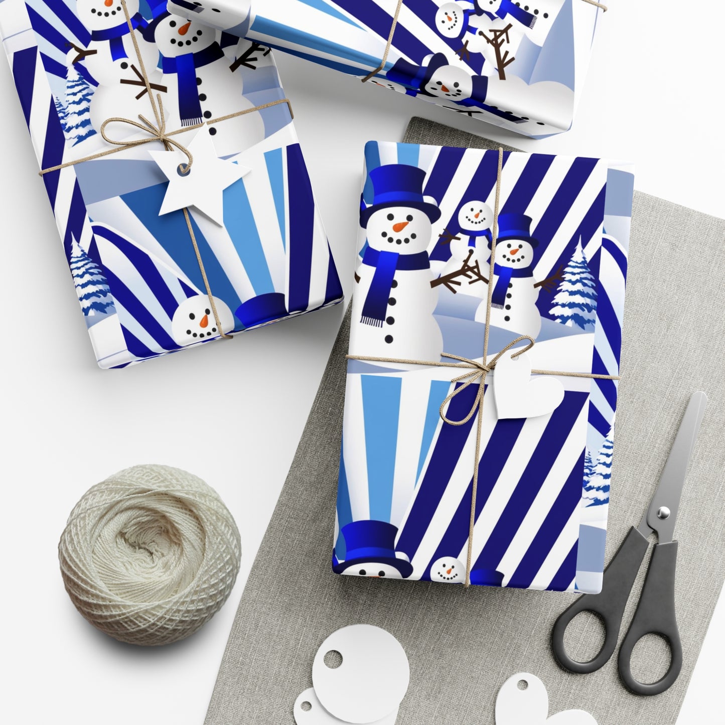 Wrapping Paper, Festive Snowman Holiday Gift Wrap, Winter Blue White Stripes, Christmas , Rustic Pine Branches, Cheerful