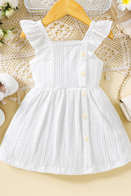 Baby Girl Decorative Button Ruffle Shoulder Textured Dress-VMA Specialties Boutique