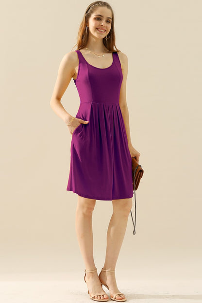 Doublju Full Size Round Neck Ruched Sleeveless Dress with Pockets-VMA Specialties Boutique