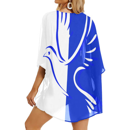 Women's Kimono Chiffon Cover Up- Royal Blue and White