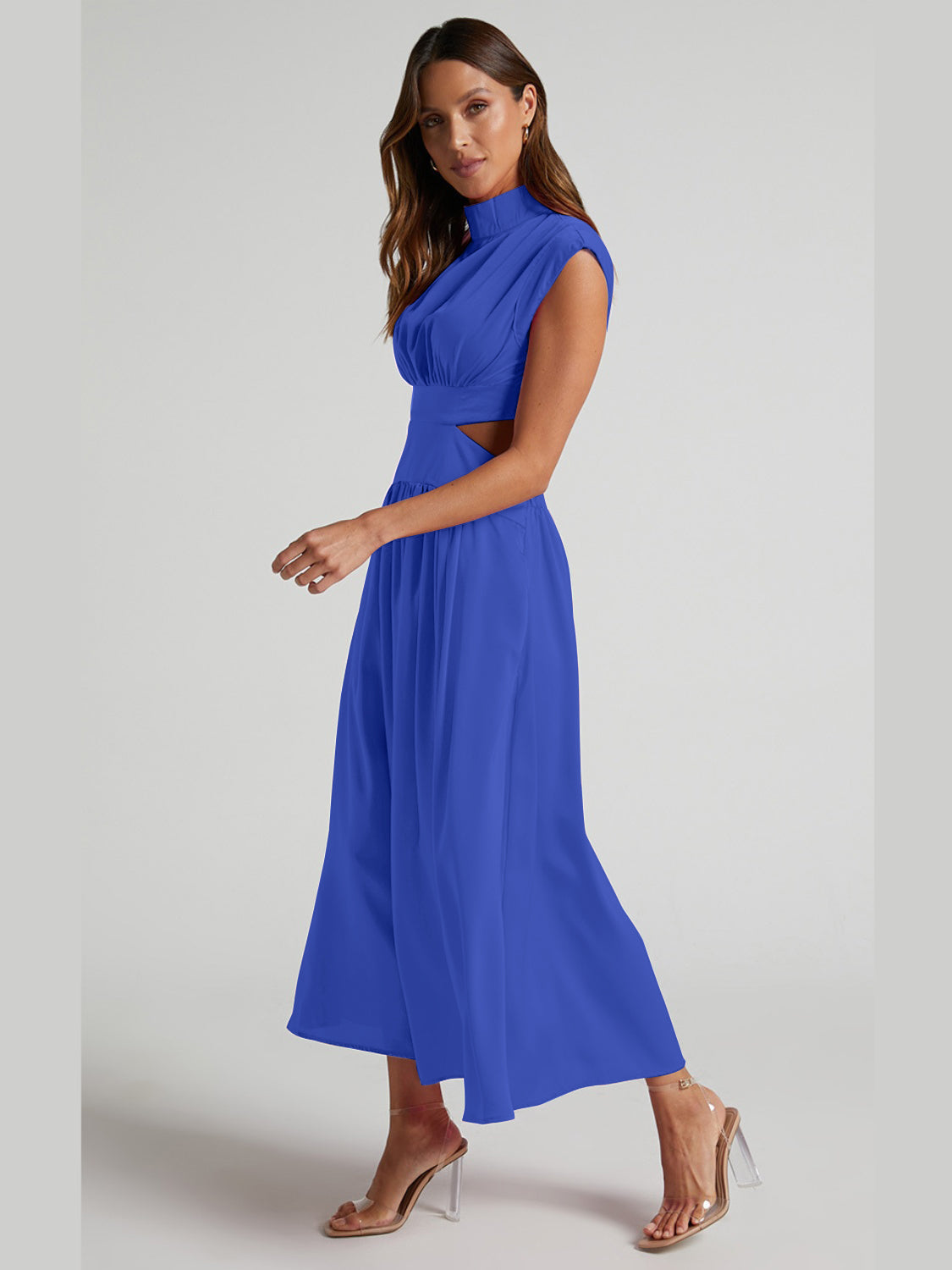 Cutout Mock Neck Sleeveless Ruched Dress-VMA Specialties Boutique