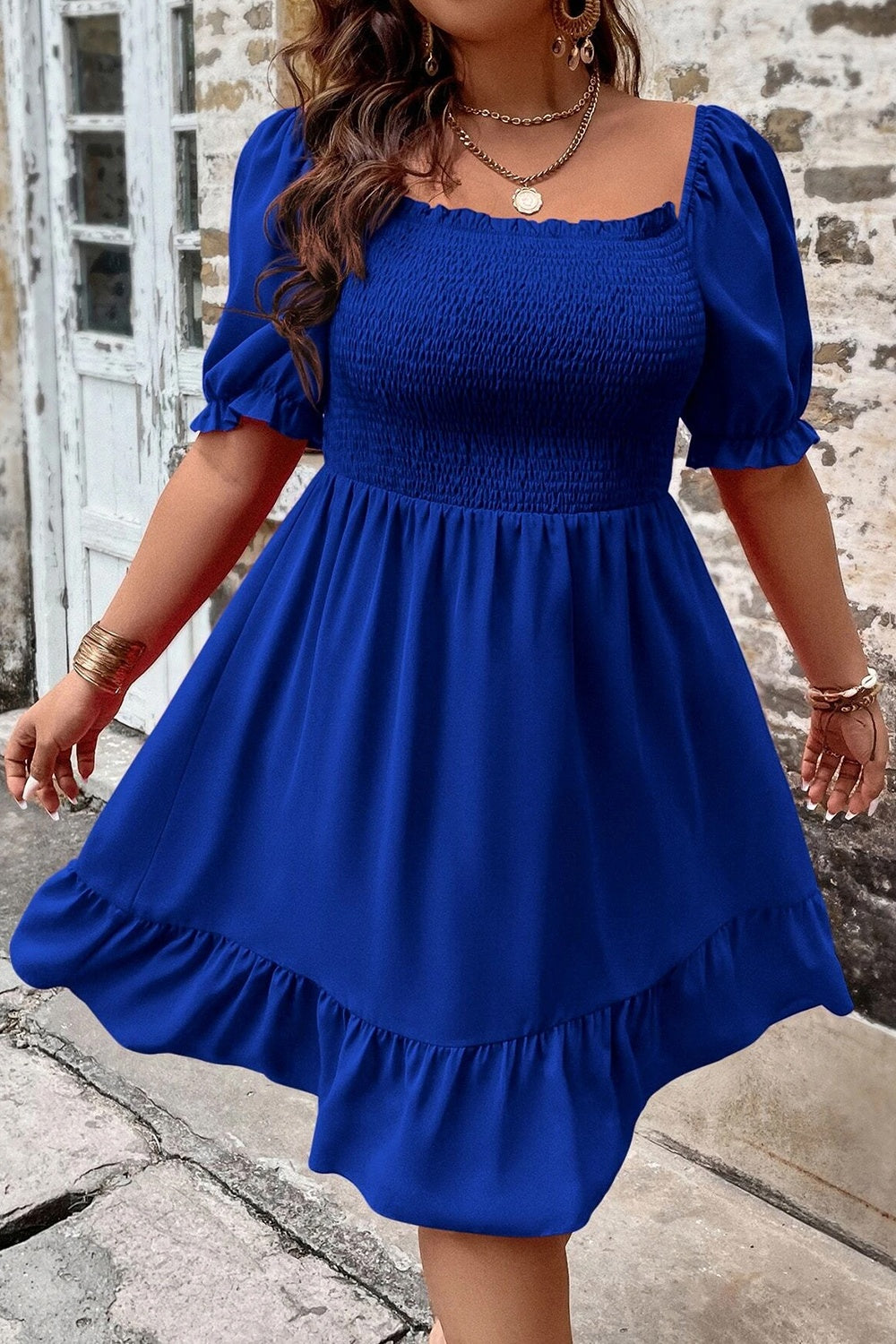 Royal Blue Plus Size Smocked Square Neck Short Sleeve Dress
