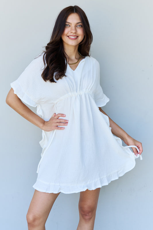  Ruffle Hem Dress with Drawstring Waistband in White