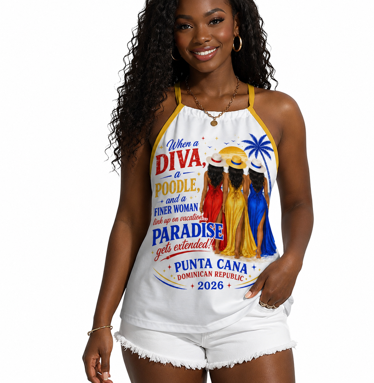 Paradise Just Got Extended! Design Women's Halter Tank Top- Gold