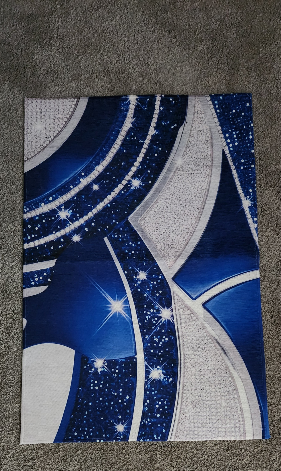 Luxurious Abstract Area Rug, Royal Blue and Silver, Glittery Gemstone Design, Opulent Rhinestone Pattern Accent Rug,