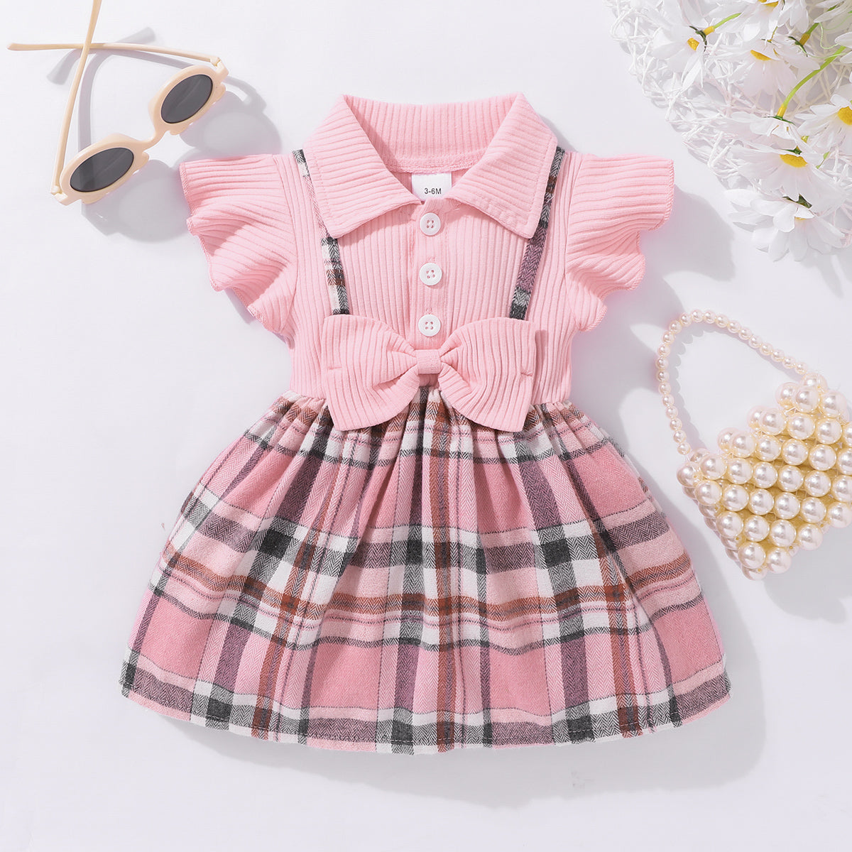 Baby Girl Plaid Collared Bow Detail Dress-VMA Specialties Boutique