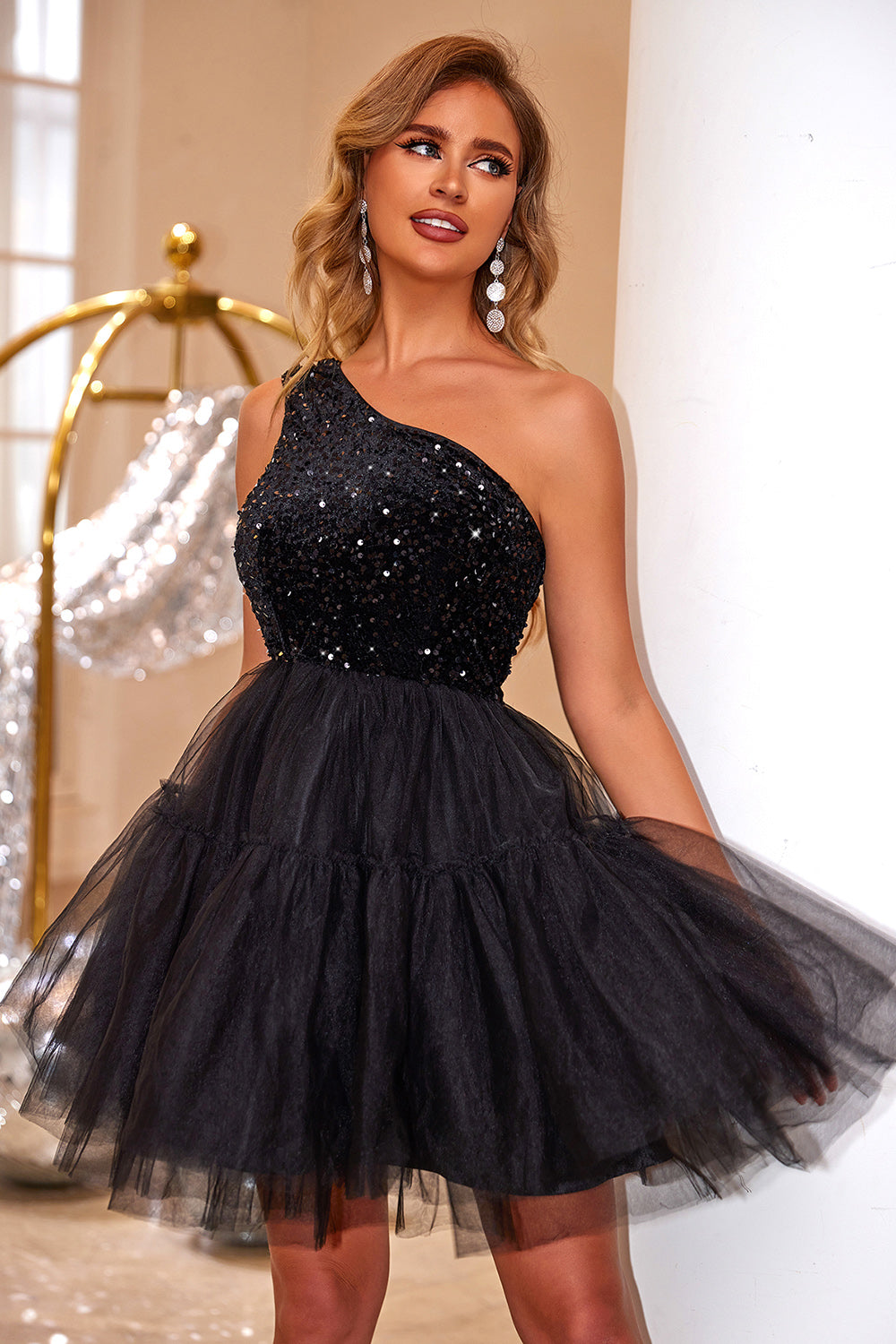 Sequin One-Shoulder Mini Dress-VMA Specialties Boutique