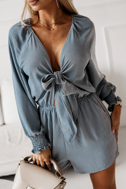 Tied Flounce Sleeve Plunge Romper-VMA Specialties Boutique
