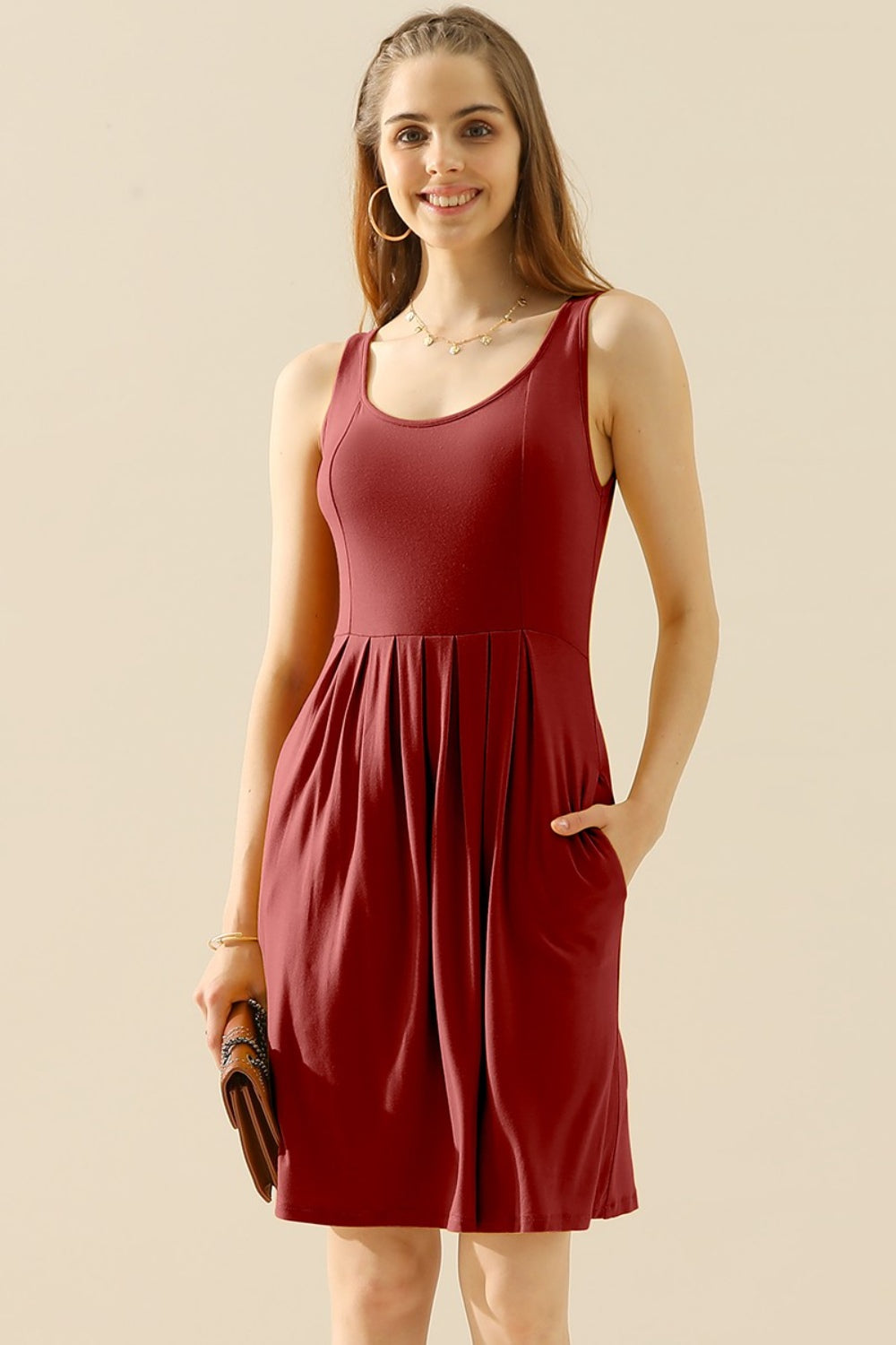 Doublju Full Size Round Neck Ruched Sleeveless Dress with Pockets-VMA Specialties Boutique