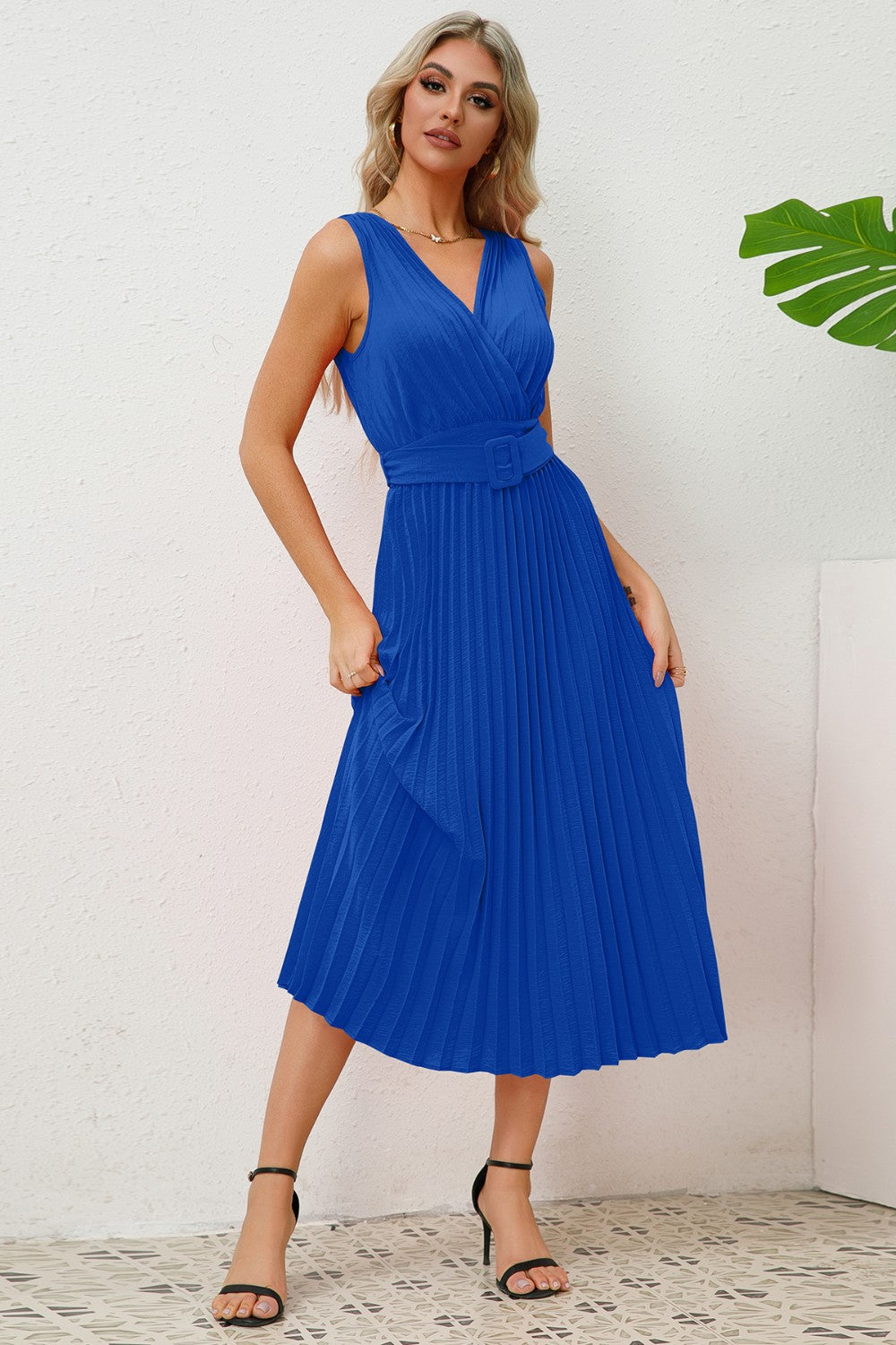 Surplice Sleeveless Midi Pleated Dress-VMA Specialties Boutique