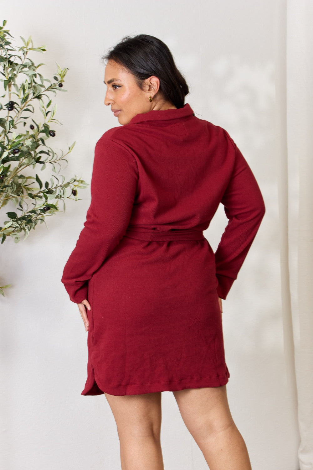 Culture Code Full Size Tie Front Half Zip Long Sleeve Shirt Dress-VMA Specialties Boutique