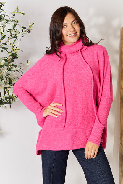 Zenana Drawstring Mock Neck Sweater-VMA Specialties Boutique