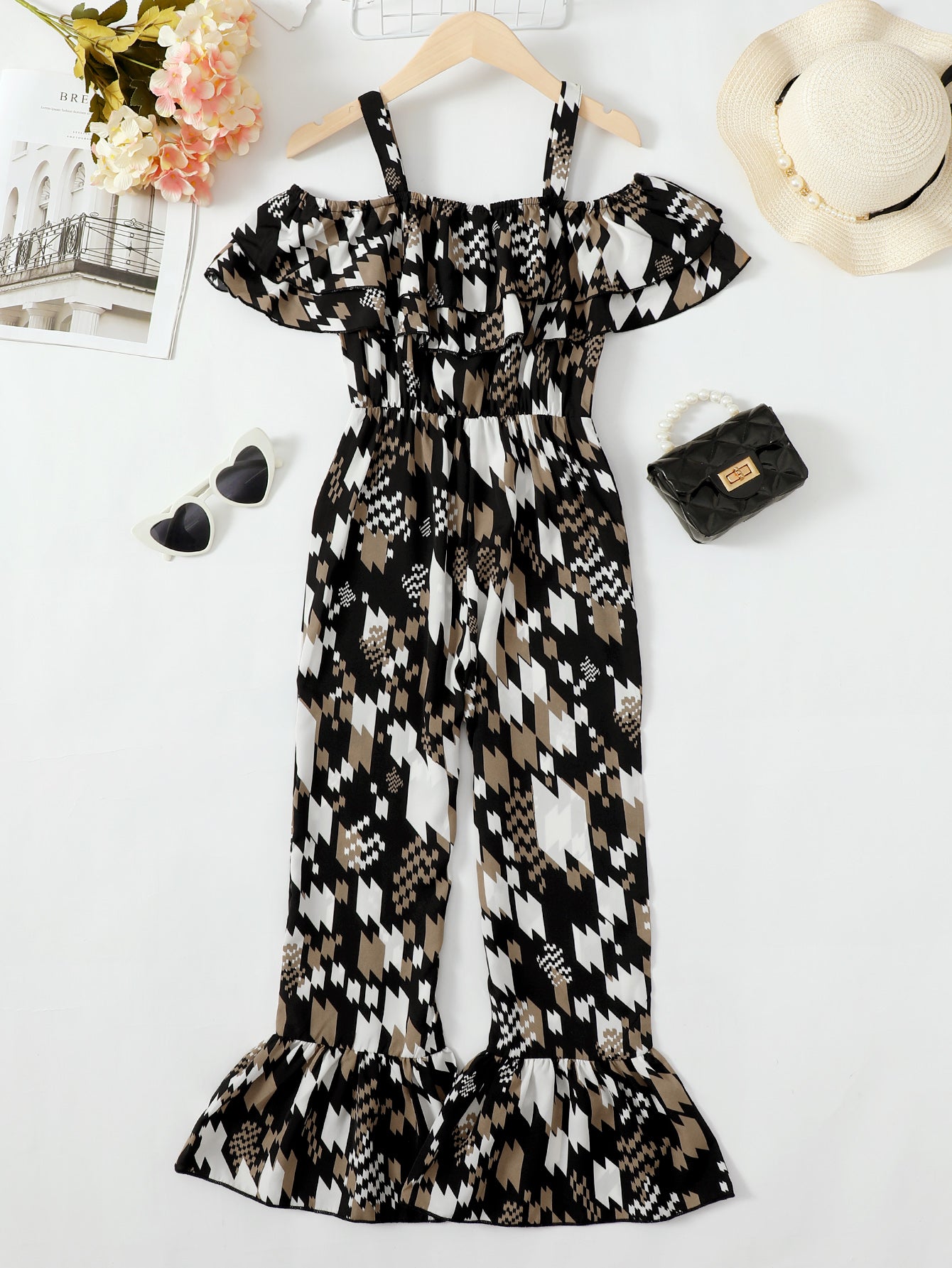 Printed Cold-Shoulder Flare Leg Jumpsuit-VMA Specialties Boutique