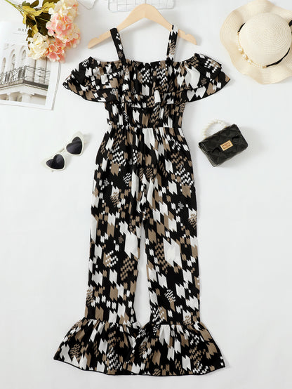 Printed Cold-Shoulder Flare Leg Jumpsuit-VMA Specialties Boutique