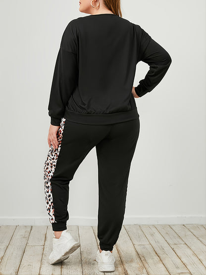 Plus Size Leopard Sweatshirt and Sweatpants Set-VMA Specialties Boutique