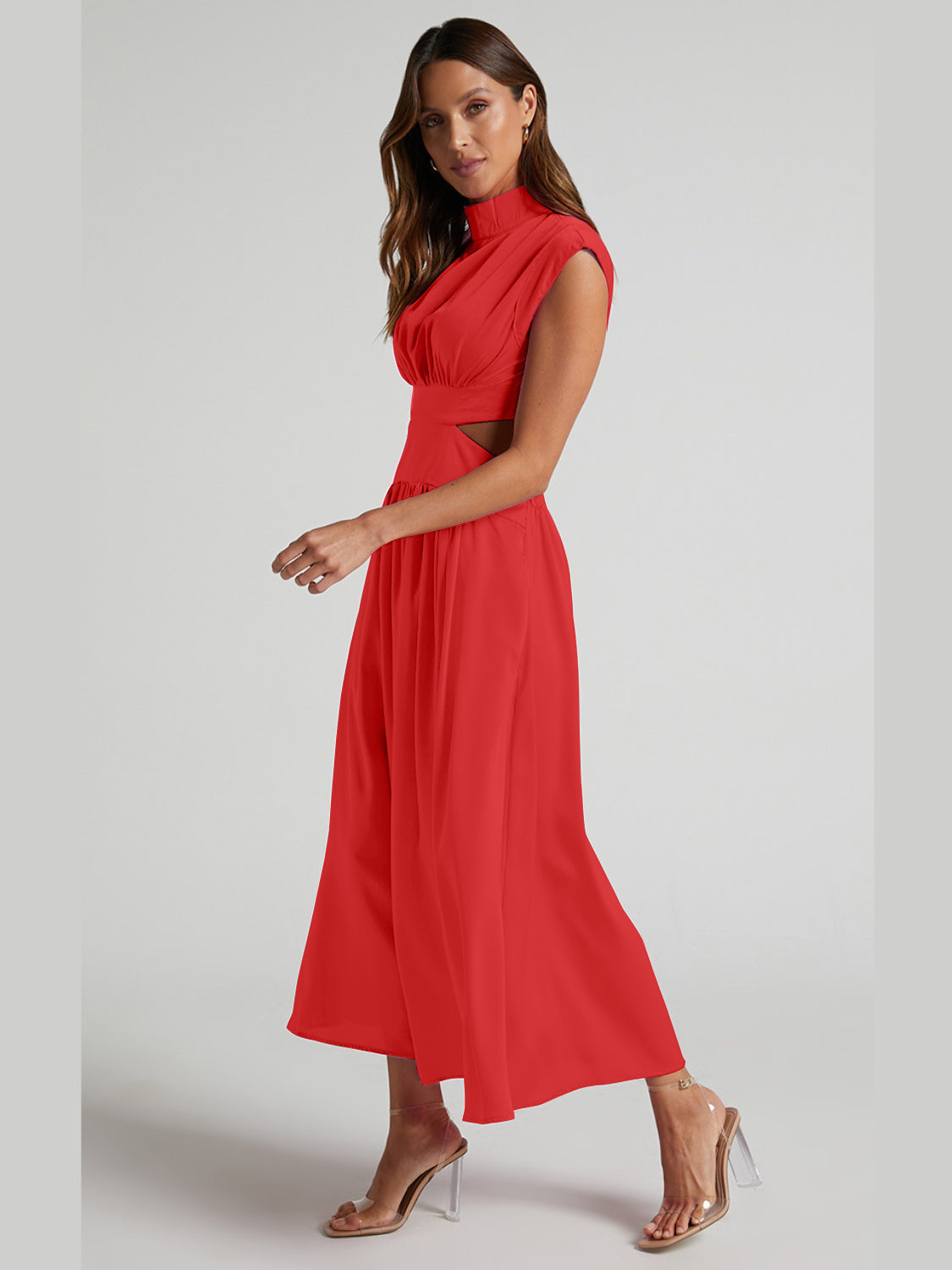 Cutout Mock Neck Sleeveless Ruched Dress-VMA Specialties Boutique